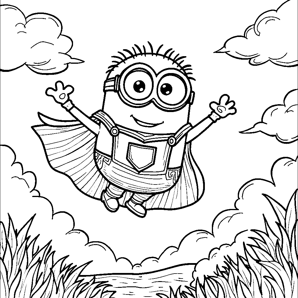 A minion dressed as a superhero flying through the sky