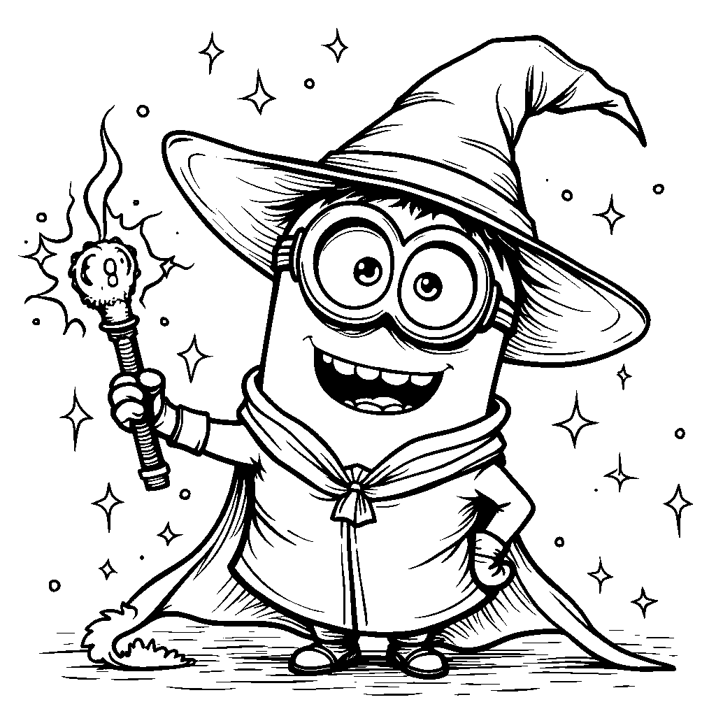 A minion dressed as a wizard casting fun spells