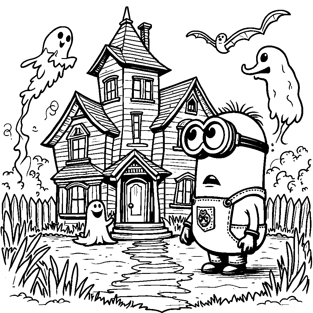 A minion exploring a spooky haunted house with friends