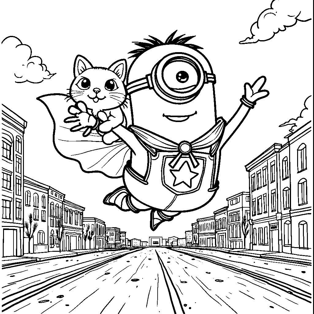 A minion in a superhero cape rescuing a kitten