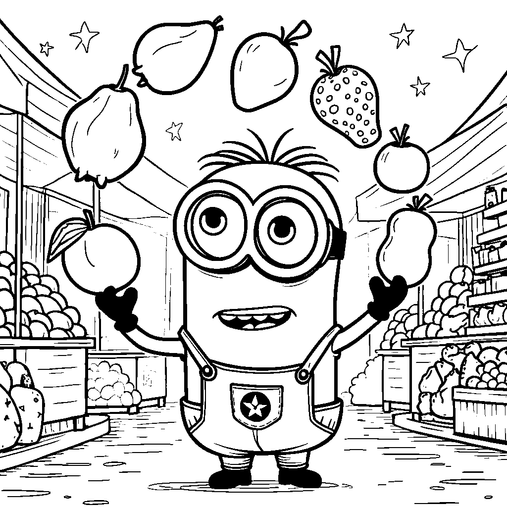 A minion juggling fruits at a fruit stand