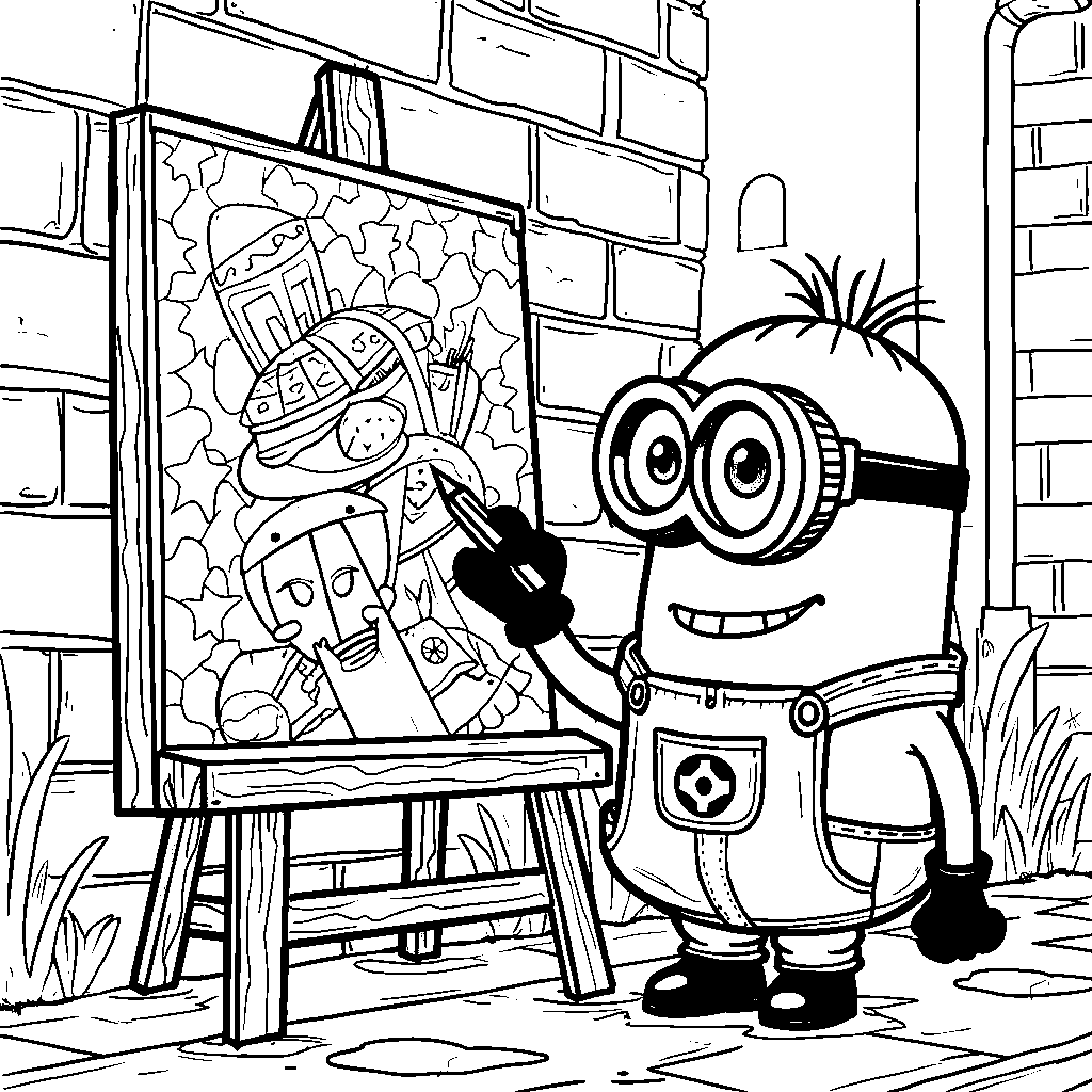 A minion painting a giant wall mural in a city