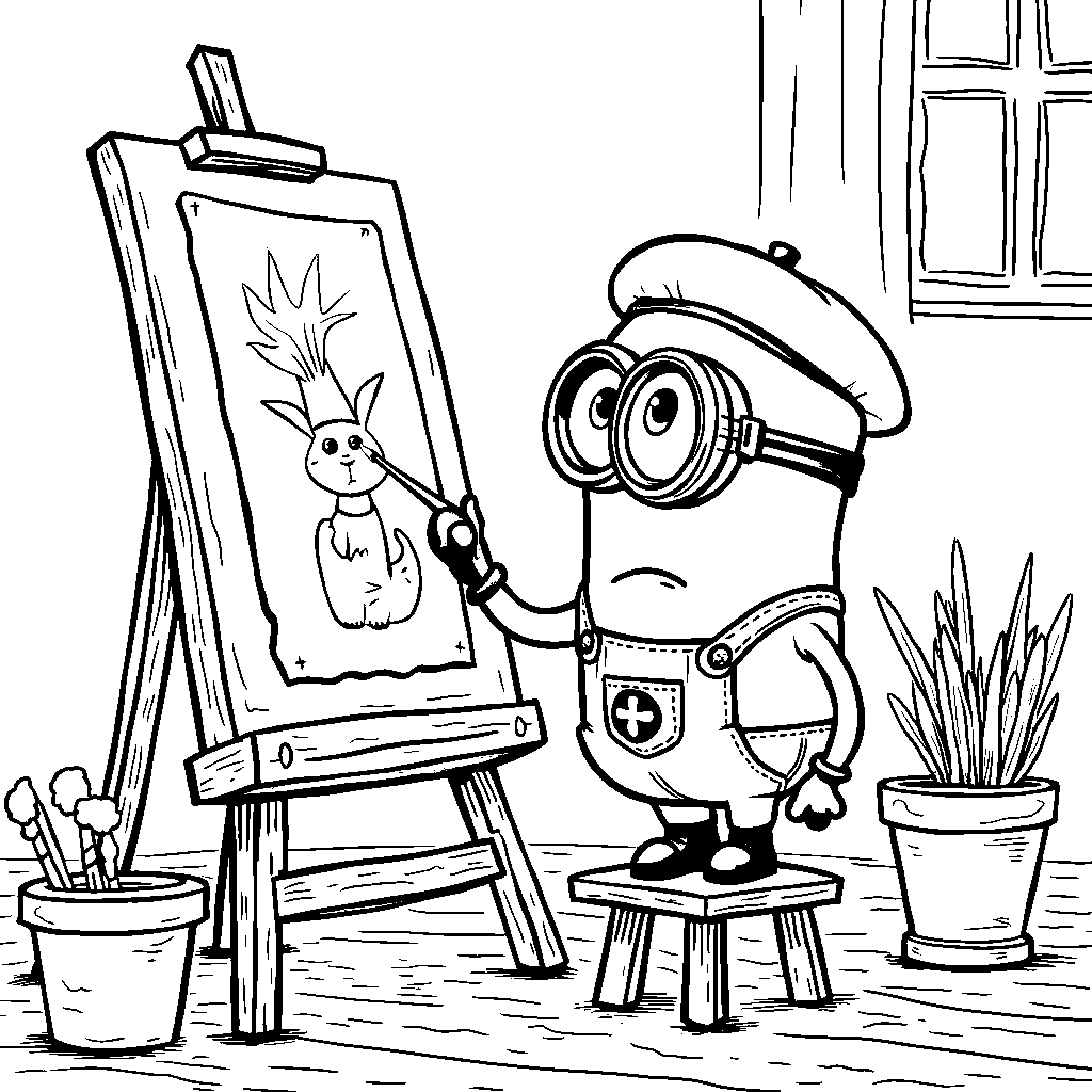 A minion painting a masterpiece on an easel