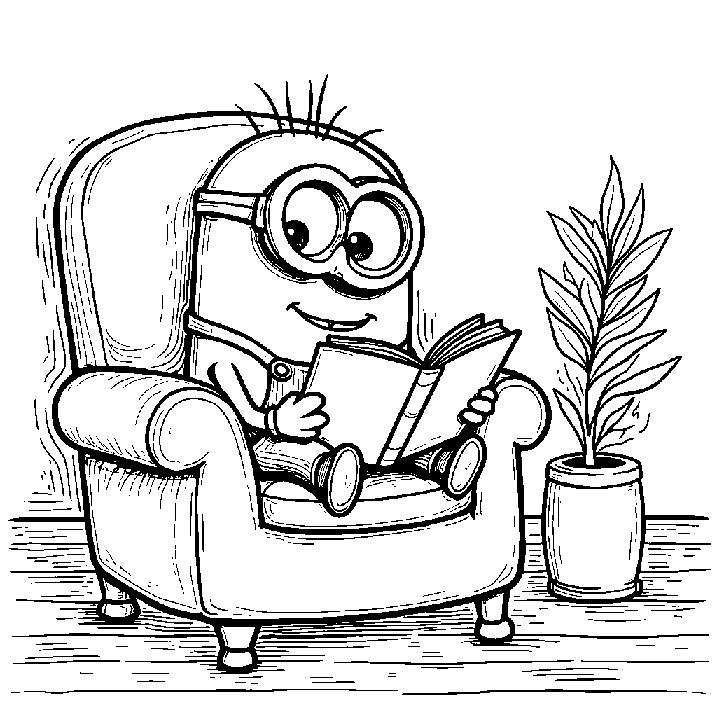 A minion reading a book in a comfy chair