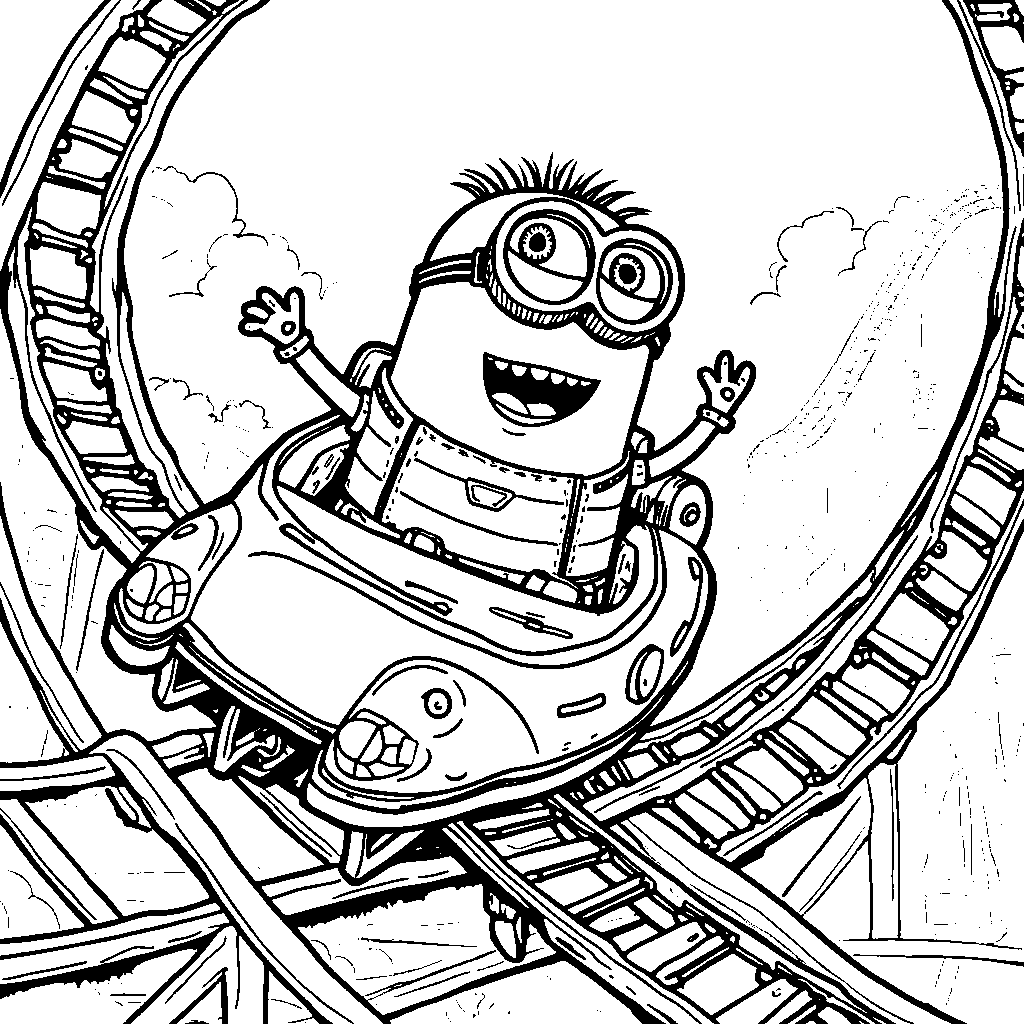 A minion riding a roller coaster at an amusement park