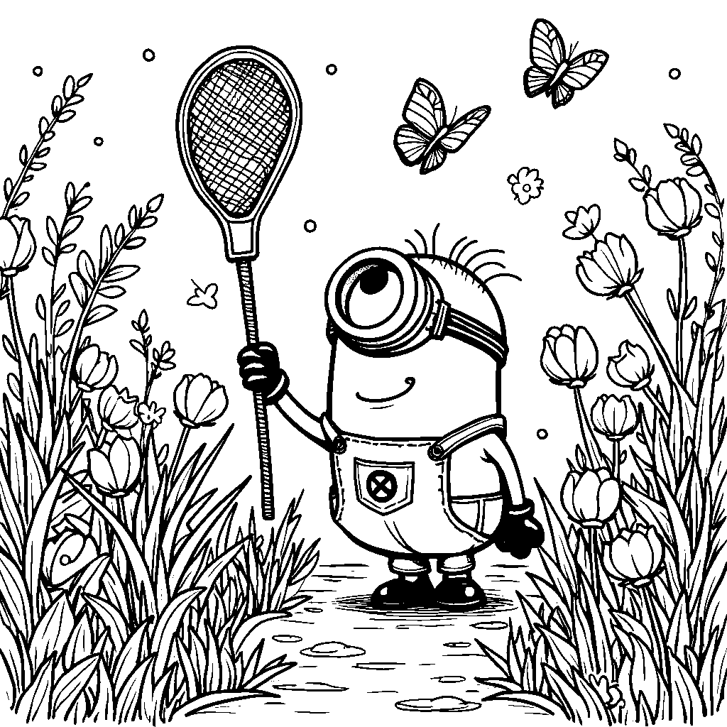 A minion trying to catch butterflies in a garden