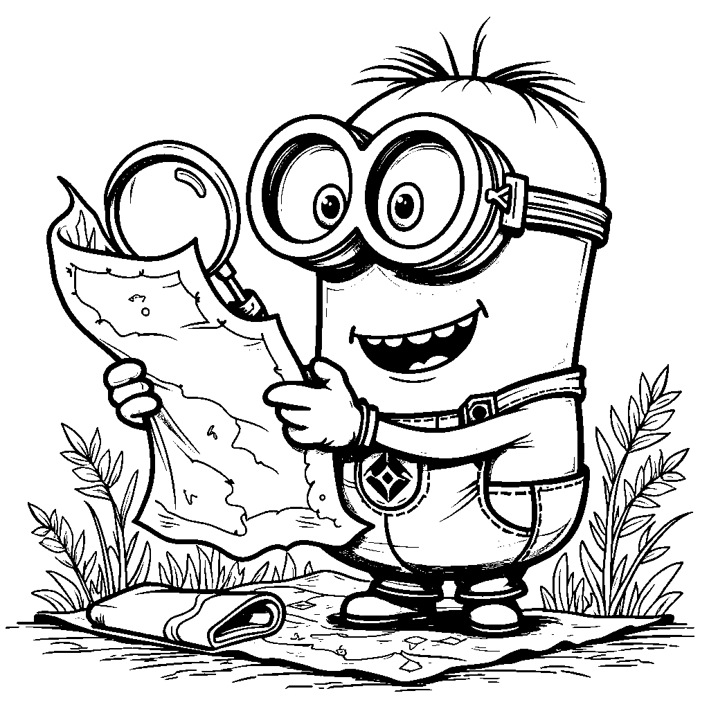 A minion with a magnifying glass exploring a treasure map