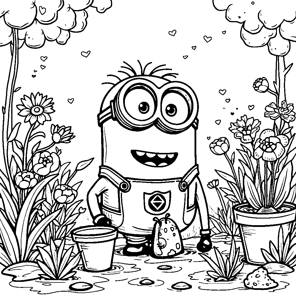 Minion planting flowers in a colorful garden