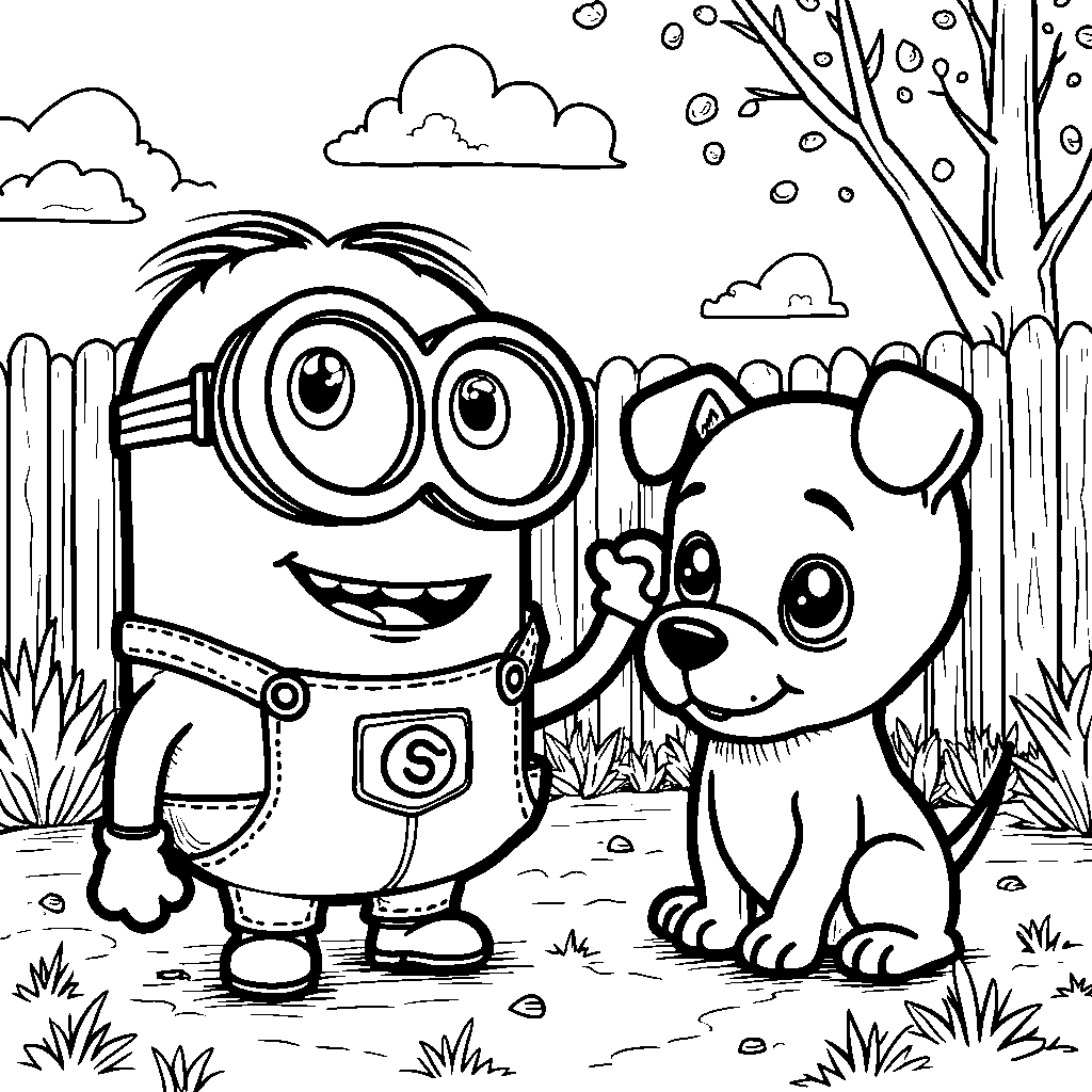 A minion playing with a puppy in the backyard