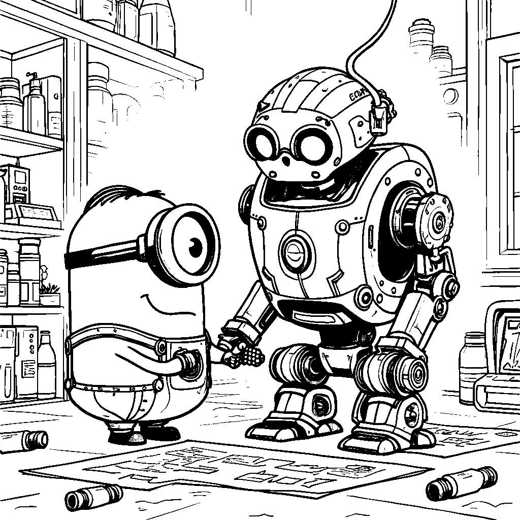 Minions building a robot in a science lab