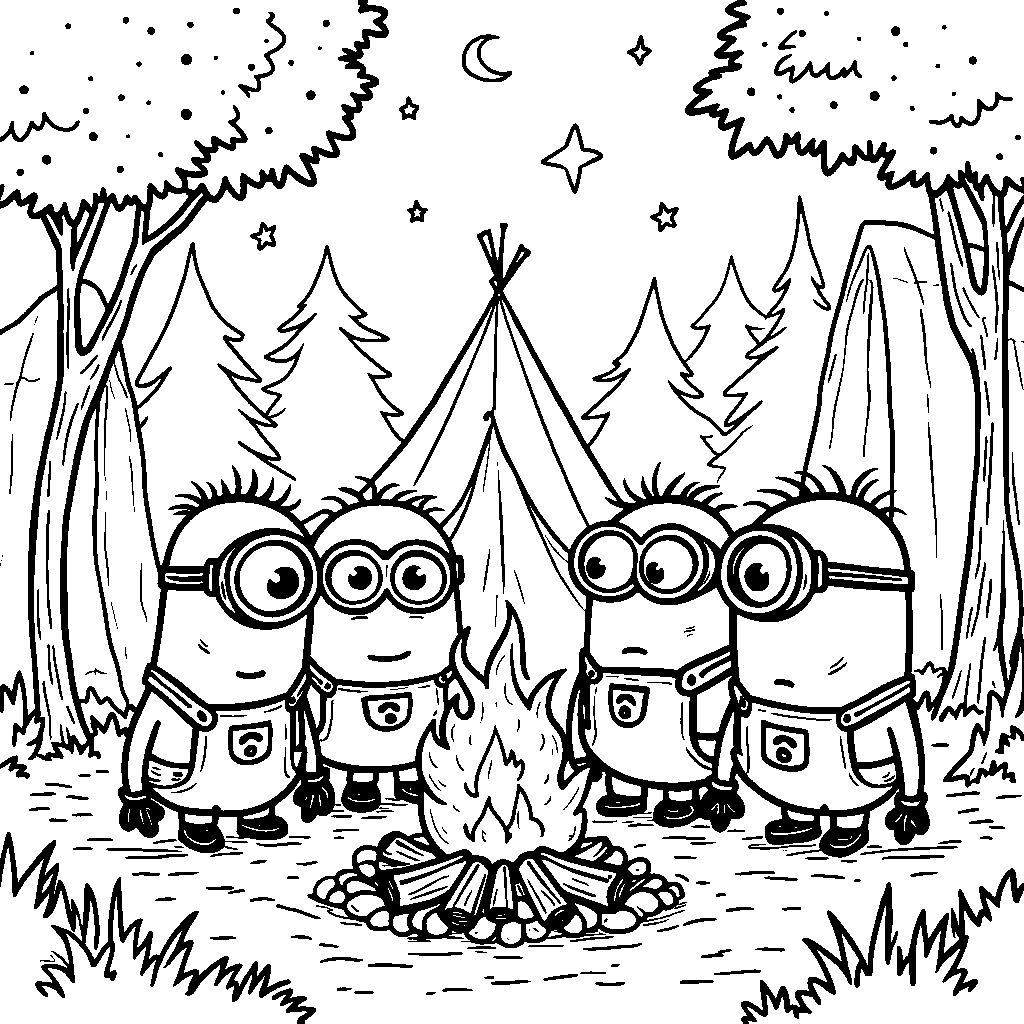 Minions camping under the stars with a campfire