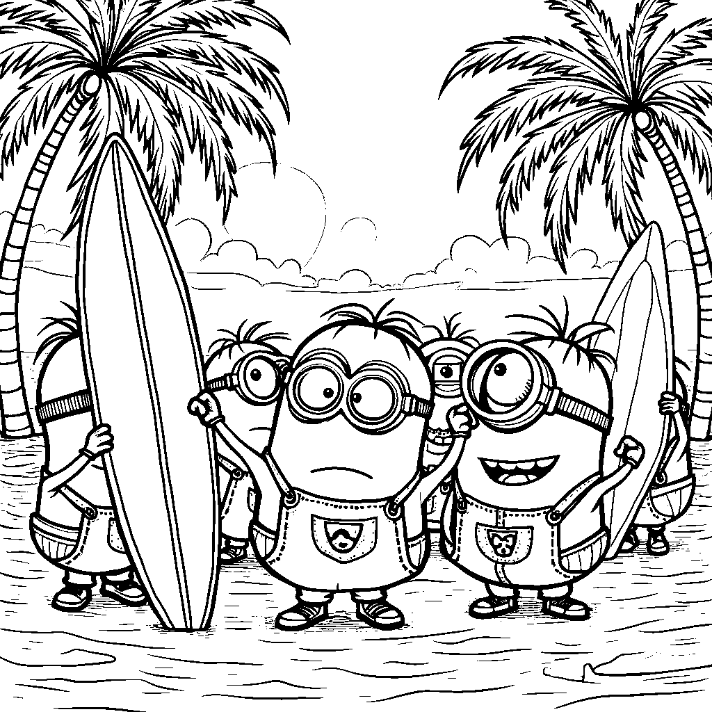 Minions dancing at a beach party with surfboards