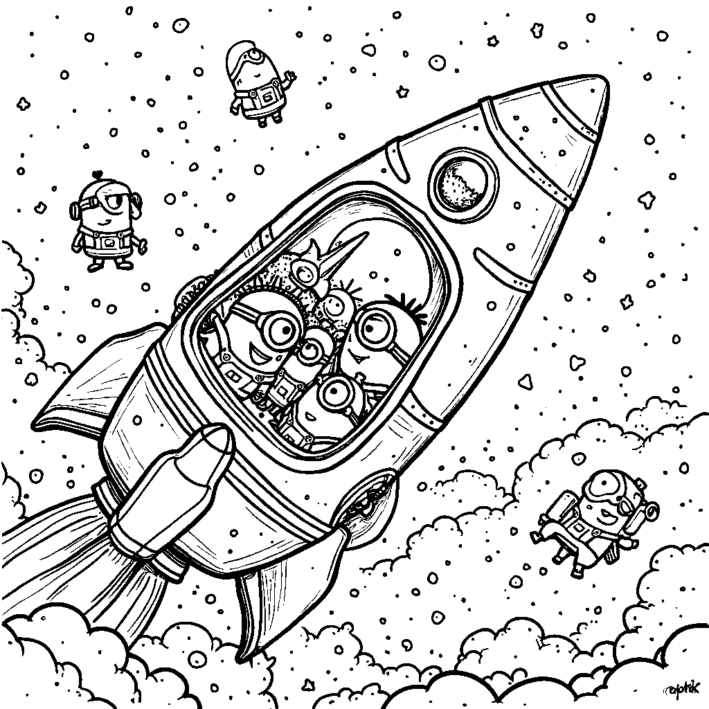 Minions exploring space in a rocket ship