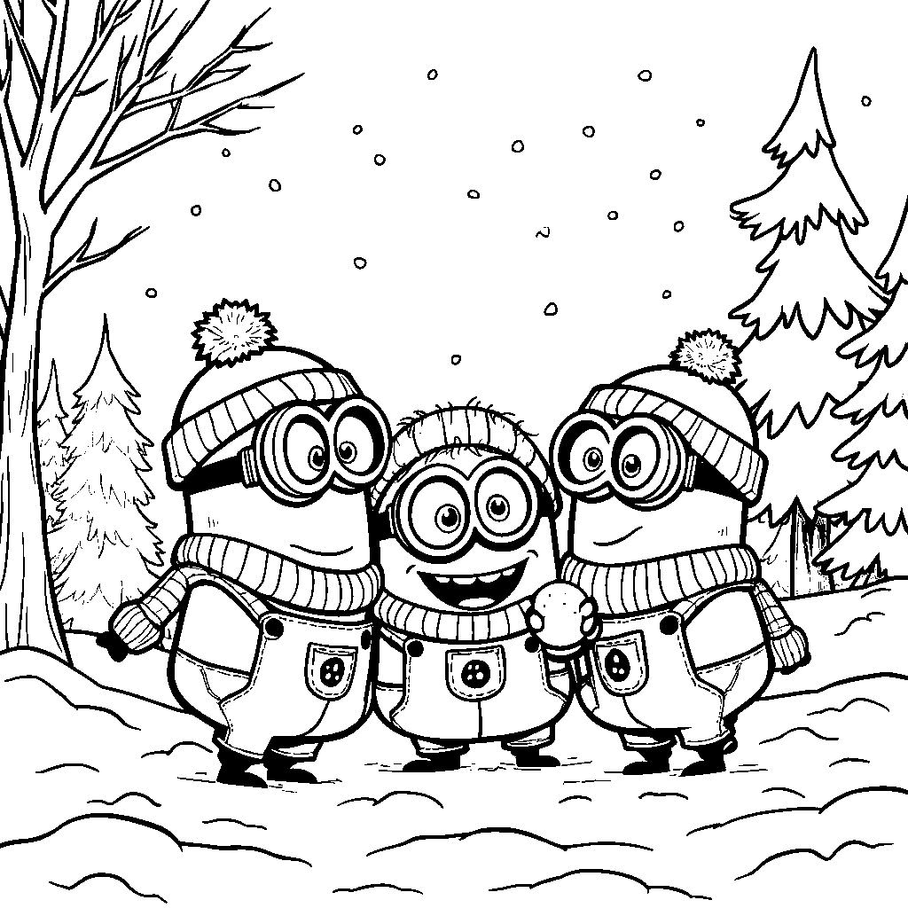 Minions having a snowball fight in a snowy landscape