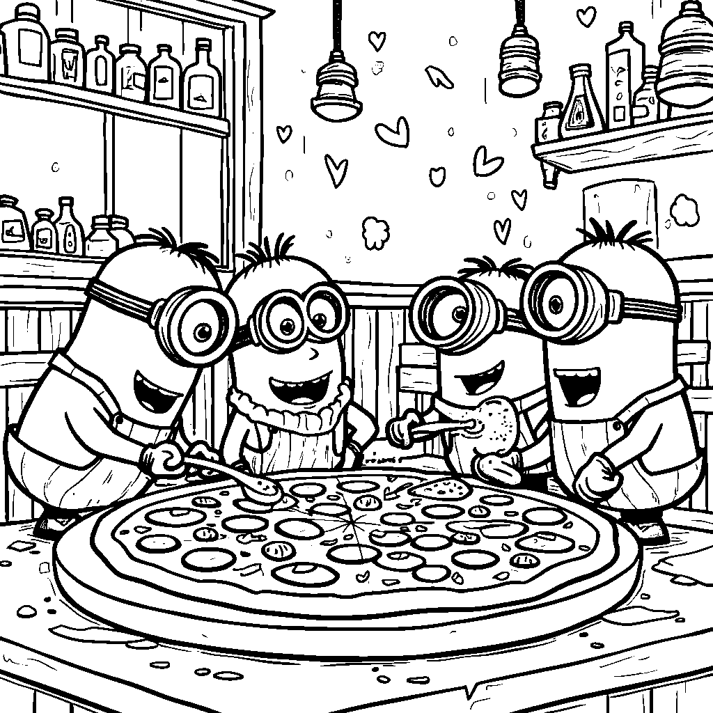 Minions making a giant pizza together in a restaurant