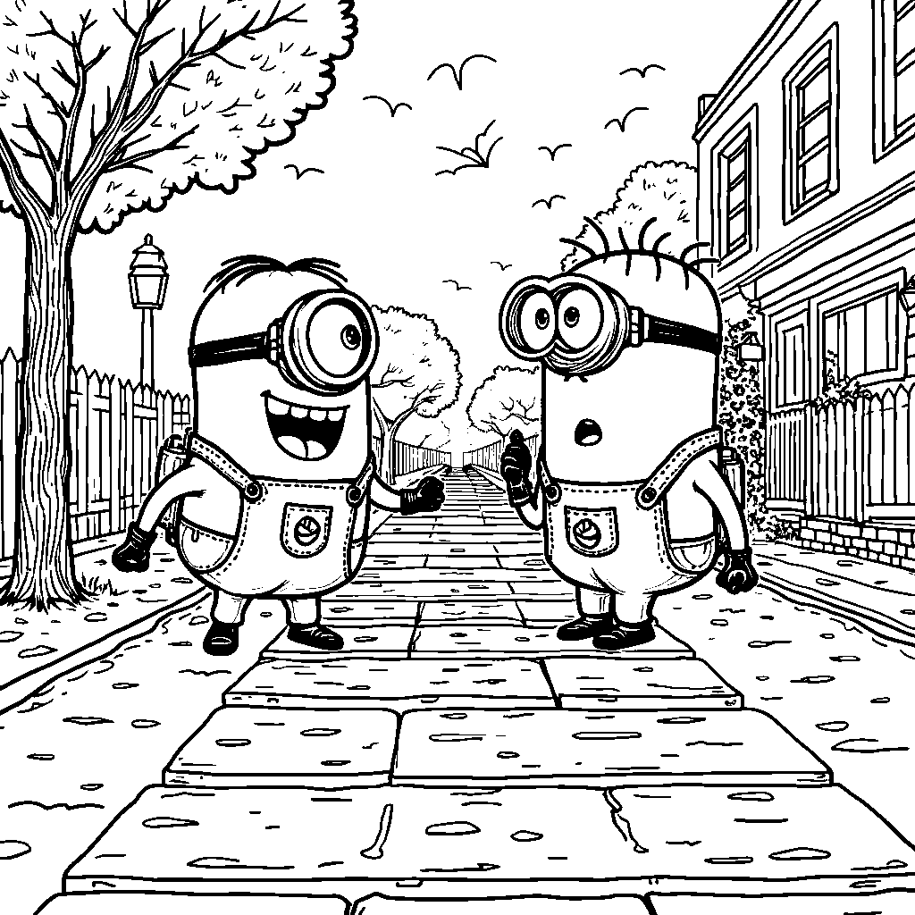 Minions playing hopscotch on a sunny sidewalk