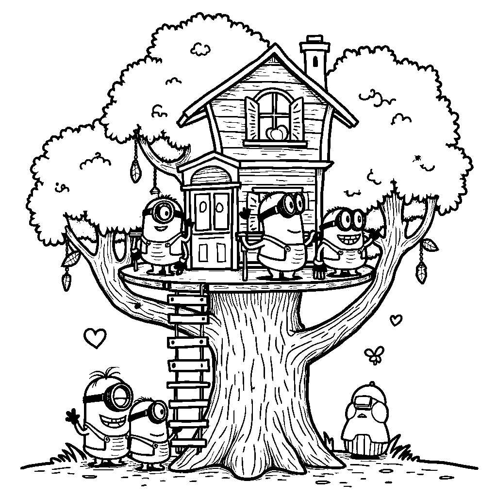 Minions playing in a treehouse high above the ground