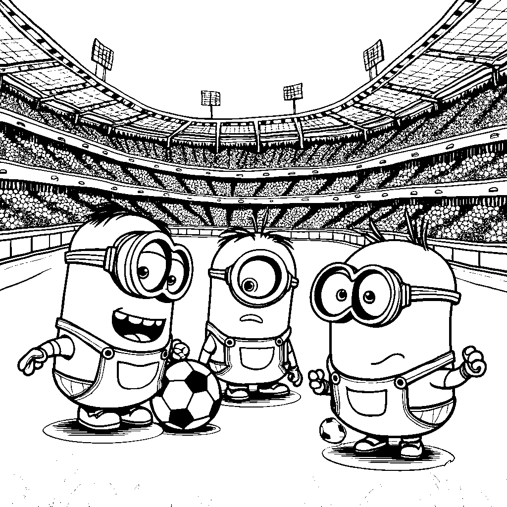 Minions playing soccer in a vibrant stadium