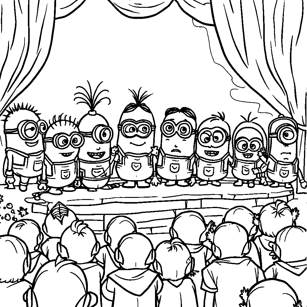 Minions putting on a puppet show for an audience