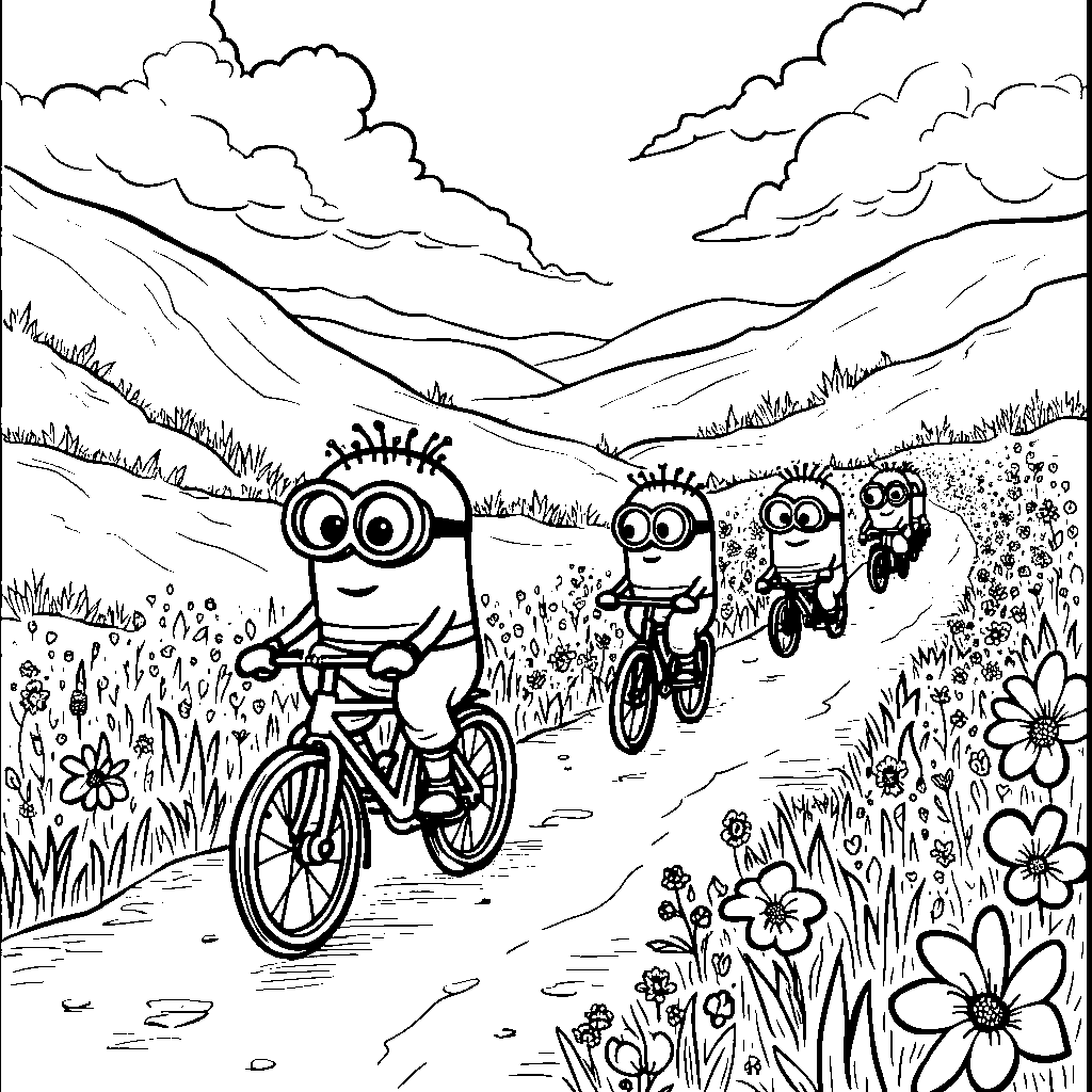 Minions riding bicycles down a winding road