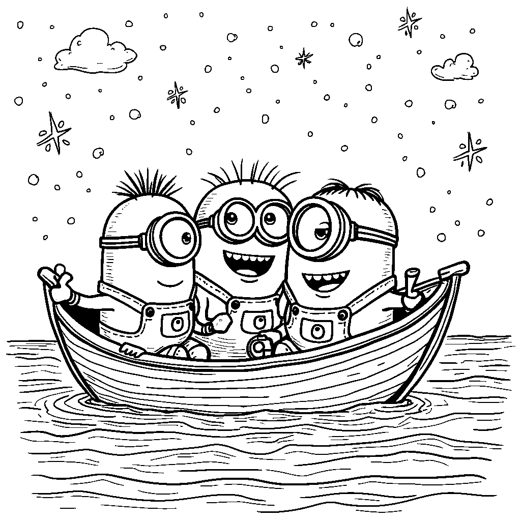 Minions sailing a boat on a sparkling blue lake