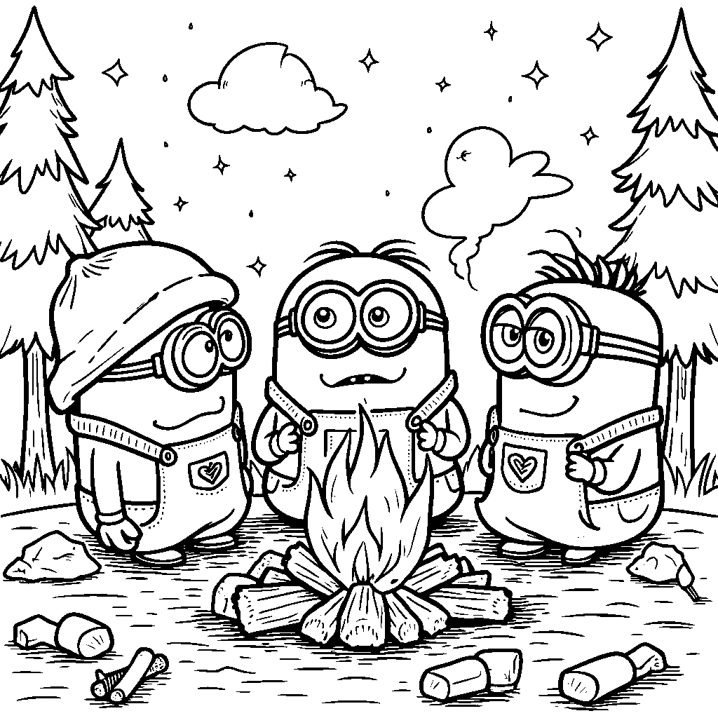 Minions sharing stories around a campfire at night