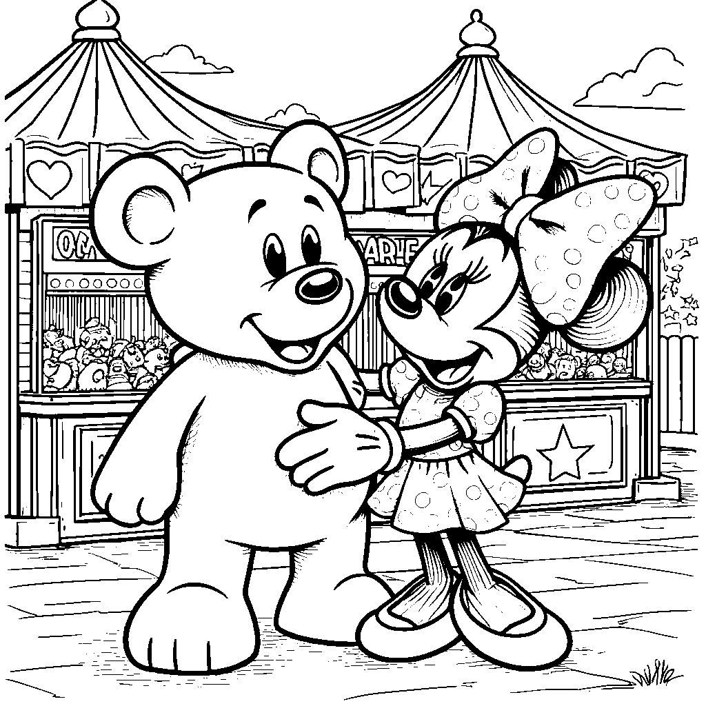 Minnie Mouse at a carnival winning a stuffed animal