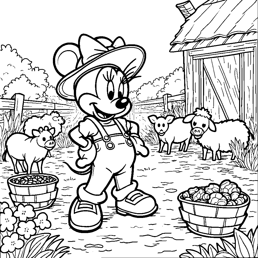 Minnie Mouse at a farm feeding animals