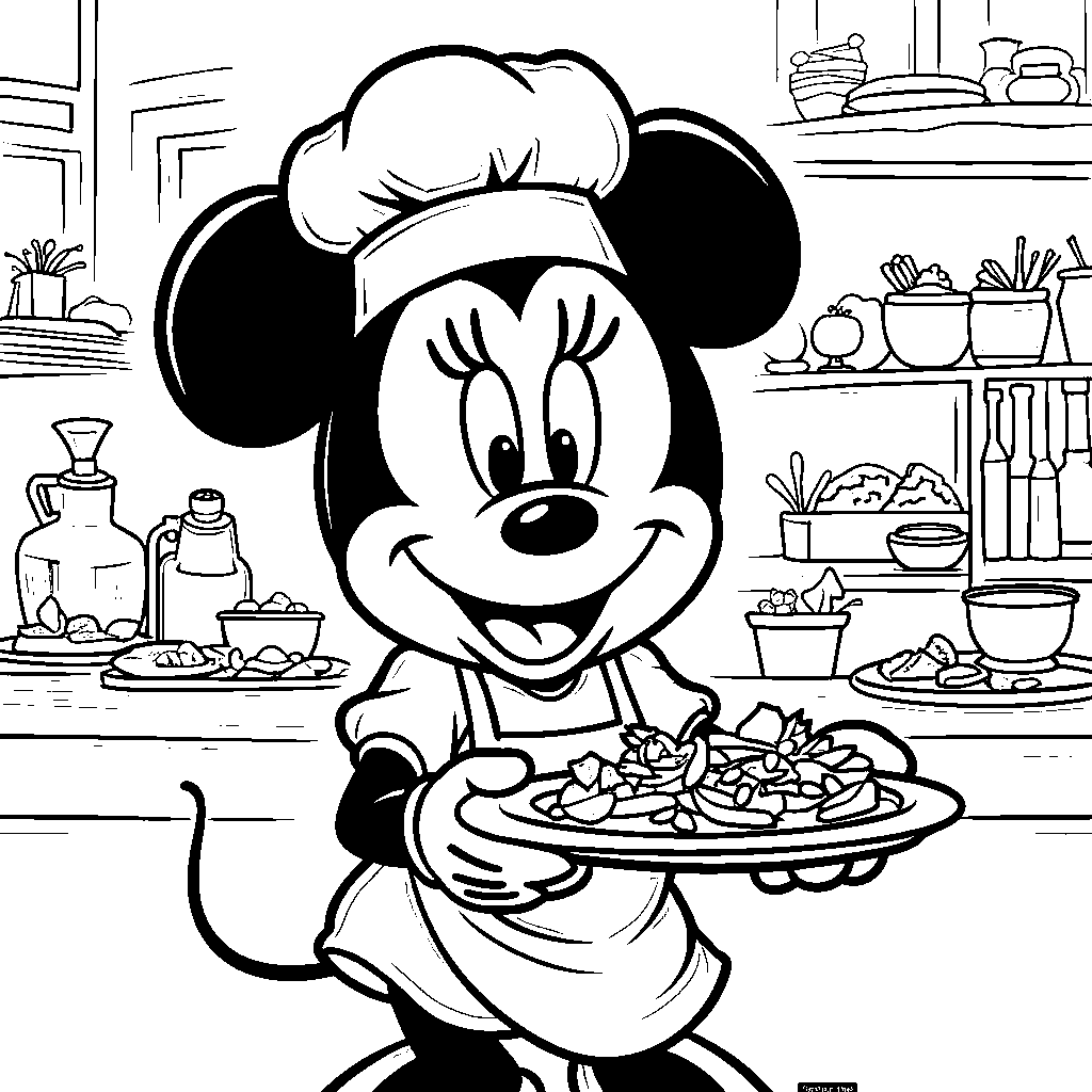 Minnie Mouse at a restaurant serving food