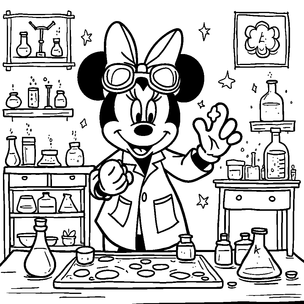 Minnie Mouse at a science lab conducting an experiment