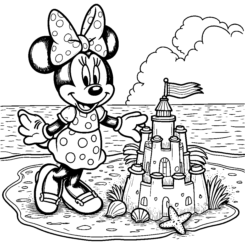 Minnie Mouse at the beach building sandcastles