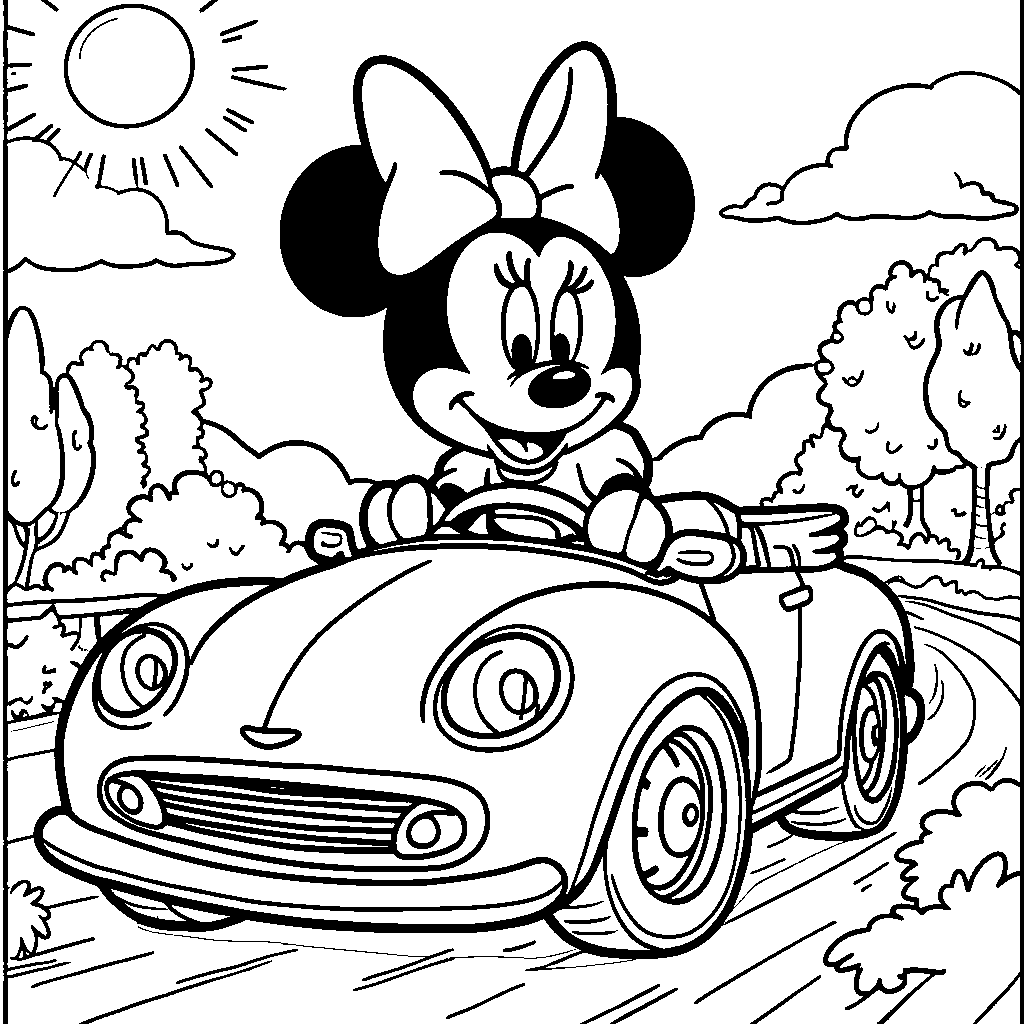 Minnie Mouse driving a pink car