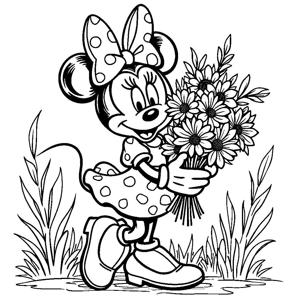 Minnie Mouse holding a bouquet of flowers