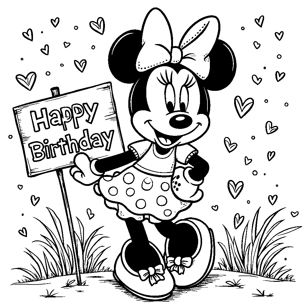 Minnie Mouse holding a sign that says 'Happy Birthday'