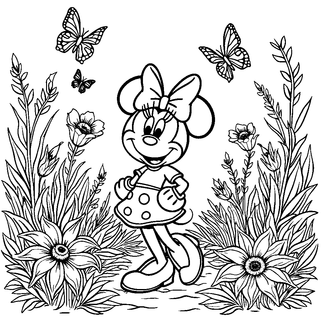 Minnie Mouse in a garden surrounded by butterflies