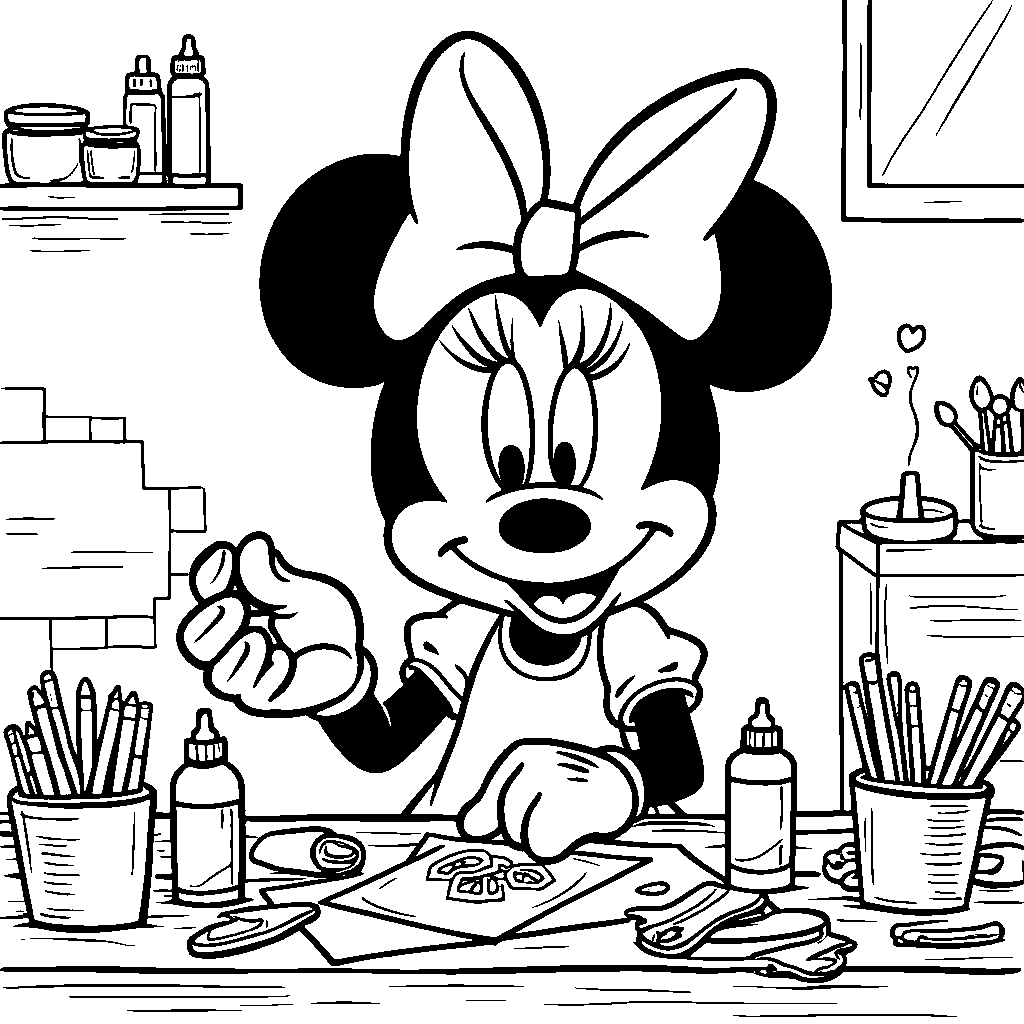 Minnie Mouse making a craft project with glue and glitter