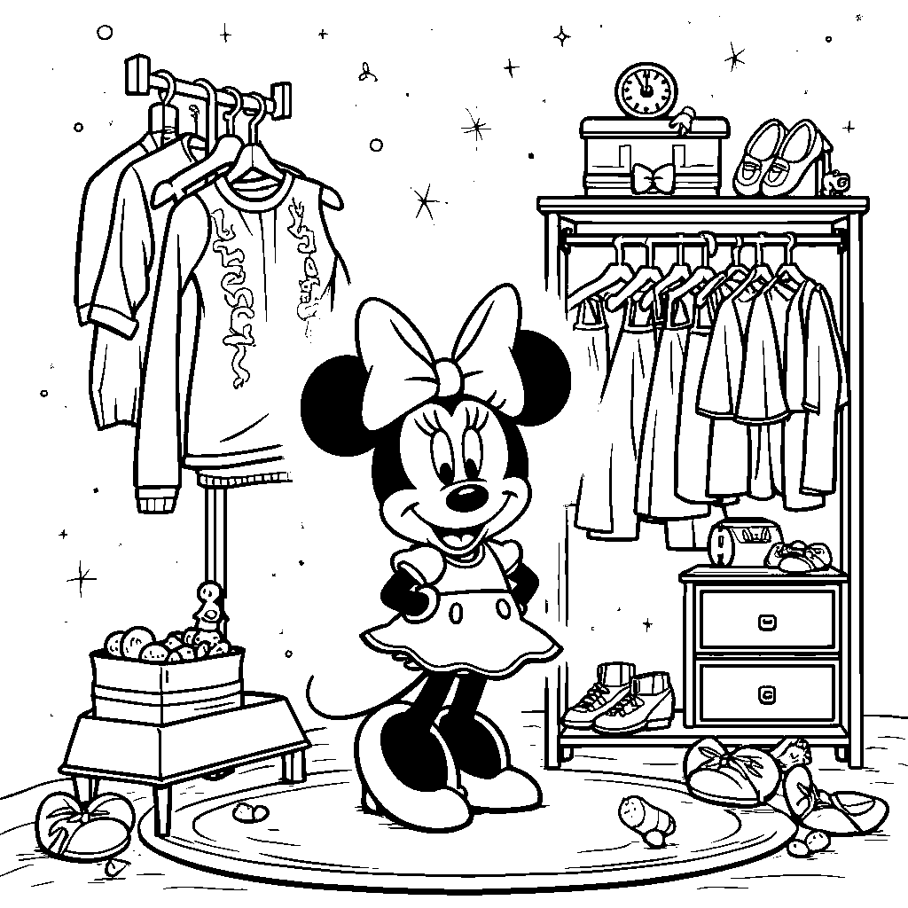 Minnie Mouse playing dress-up in a closet