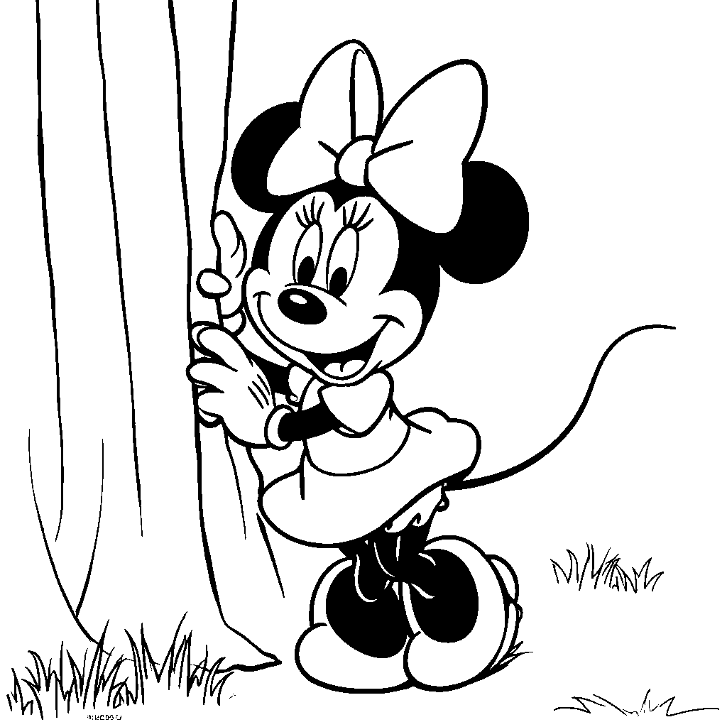 Minnie Mouse playing hide-and-seek behind a curtain