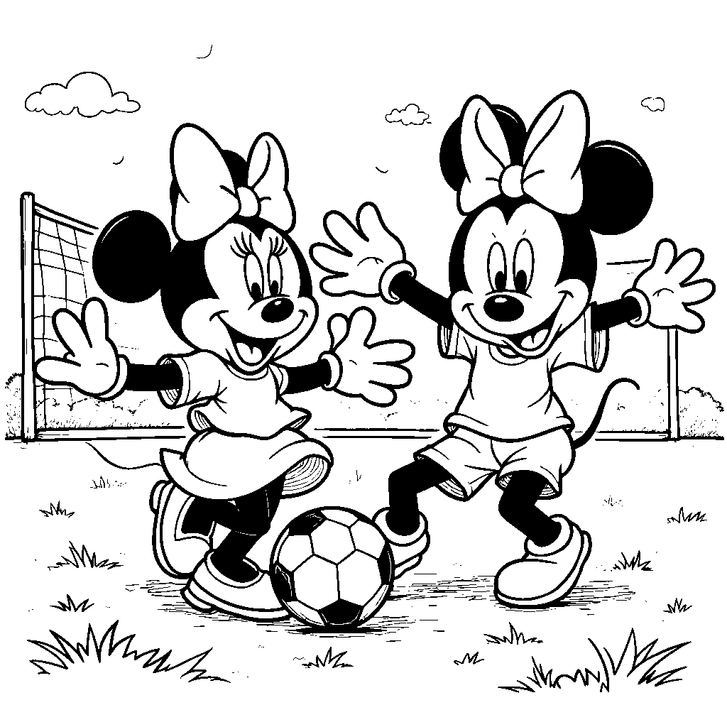 Minnie Mouse playing soccer with Mickey Mouse