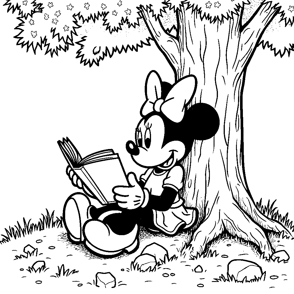 Minnie Mouse reading a book under a tree