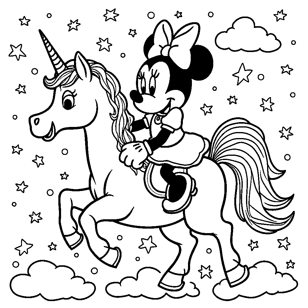 Minnie Mouse riding a unicorn