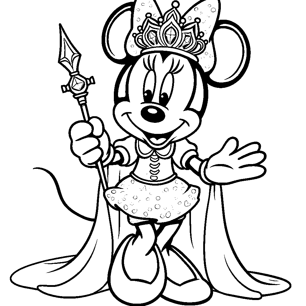 Minnie Mouse wearing a crown and holding a scepter