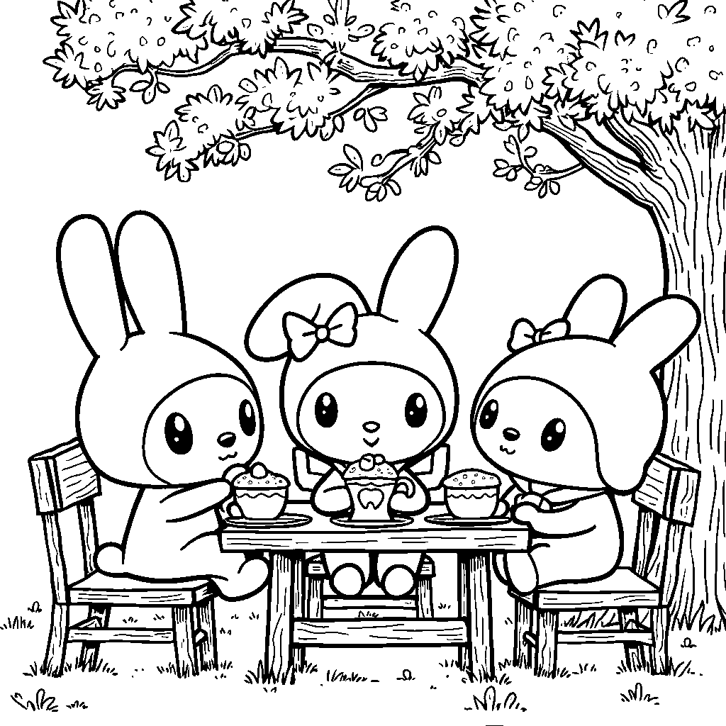 My Melody and her friends having a tea party with cute pastries