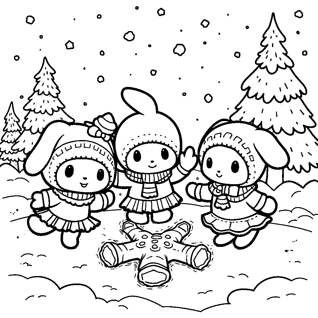 My Melody and her friends making snow angels in the snow