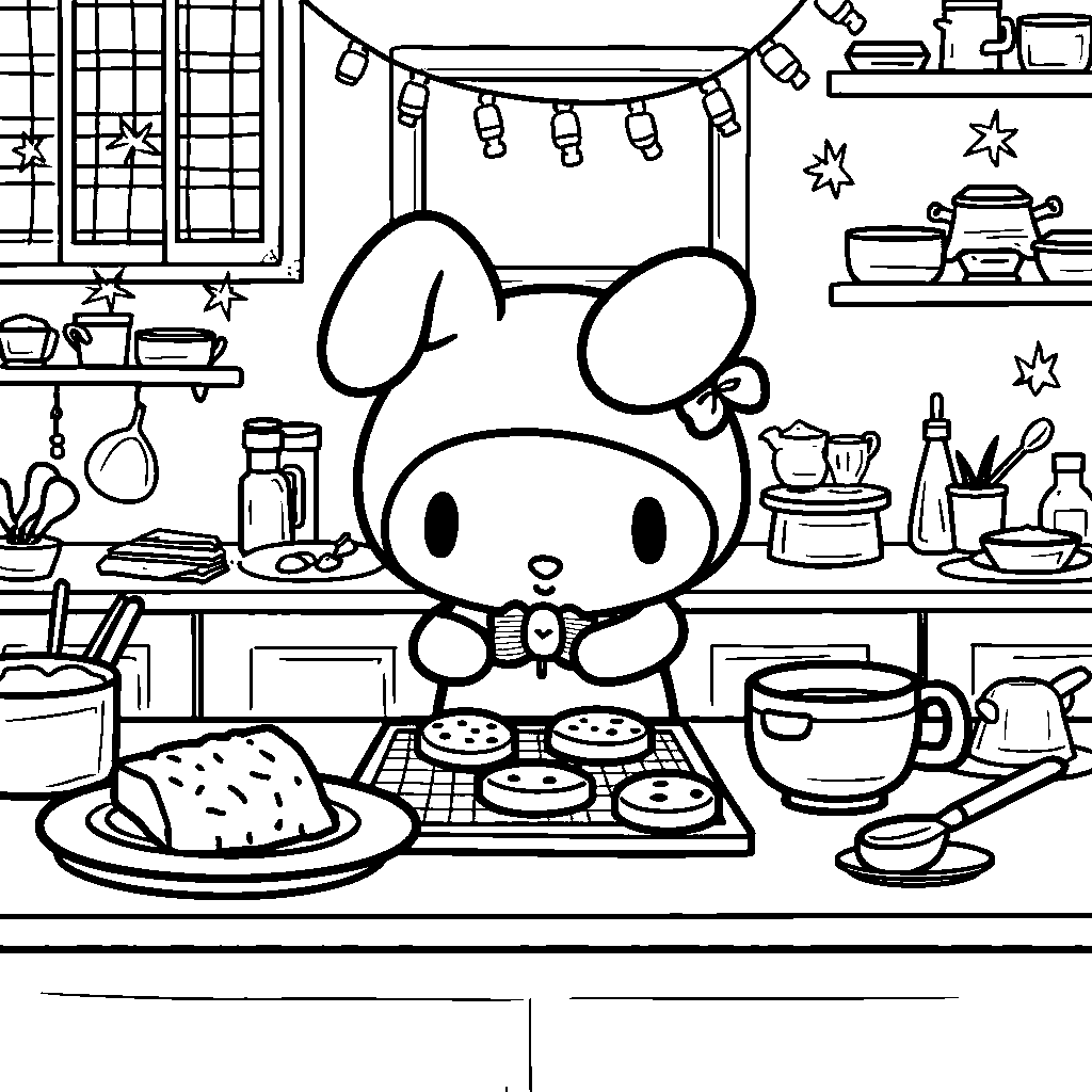 My Melody baking cookies in a cozy kitchen