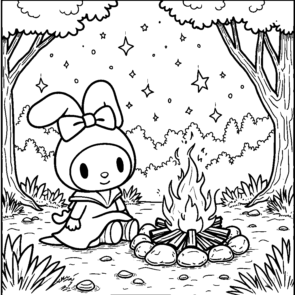 My Melody camping in the woods with a campfire