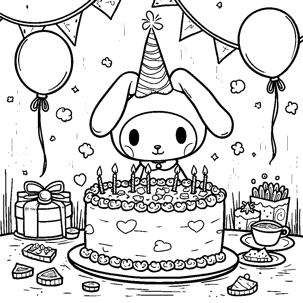 My Melody celebrating her birthday with a big cake