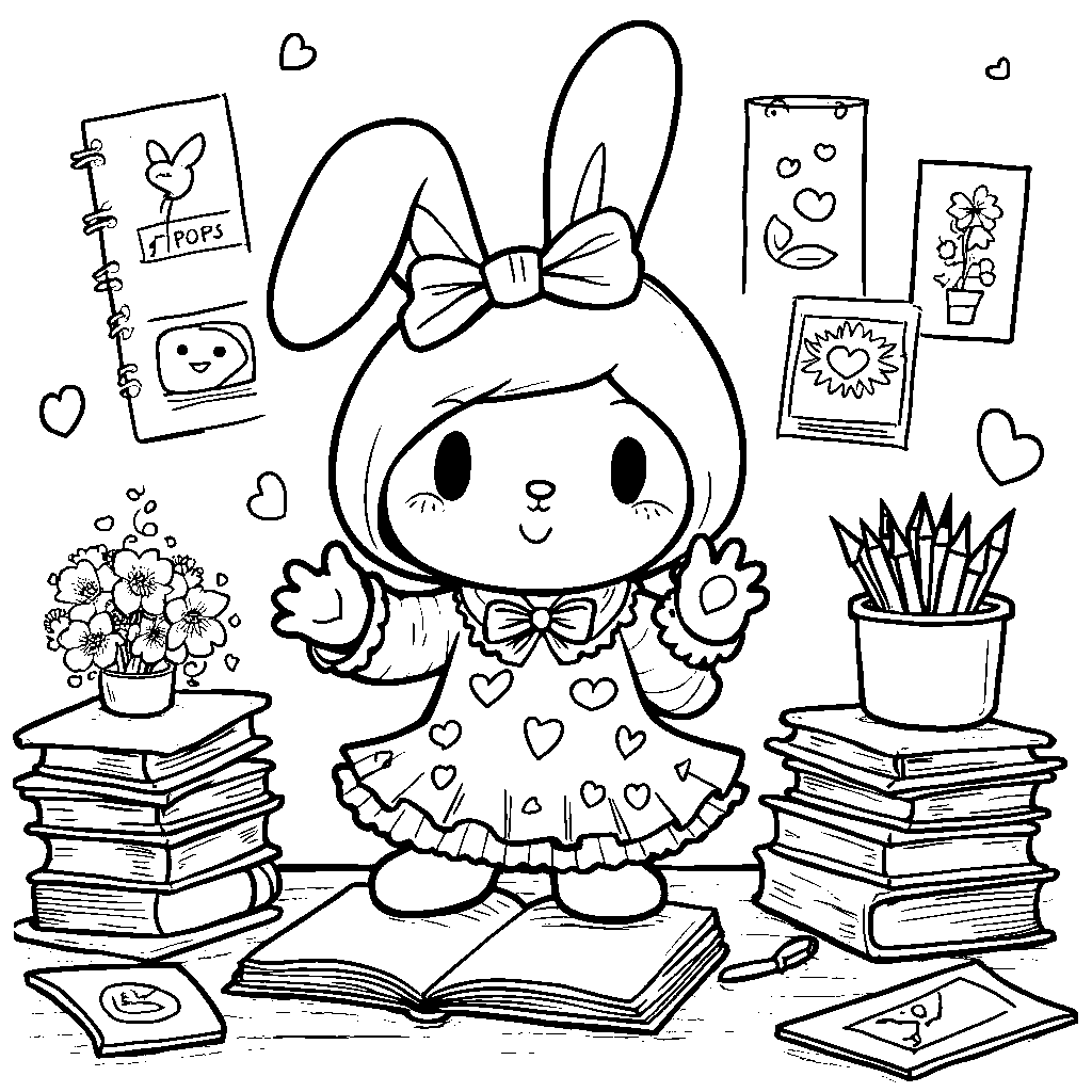 My Melody creating a scrapbook with cherished memories