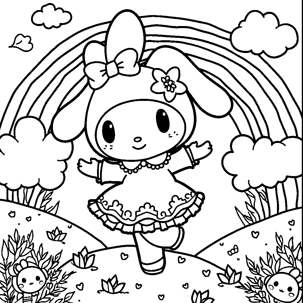 My Melody dancing under a rainbow