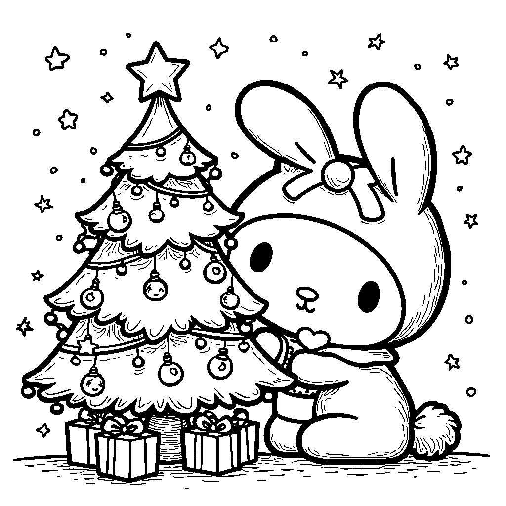 My Melody decorating a Christmas tree with ornaments